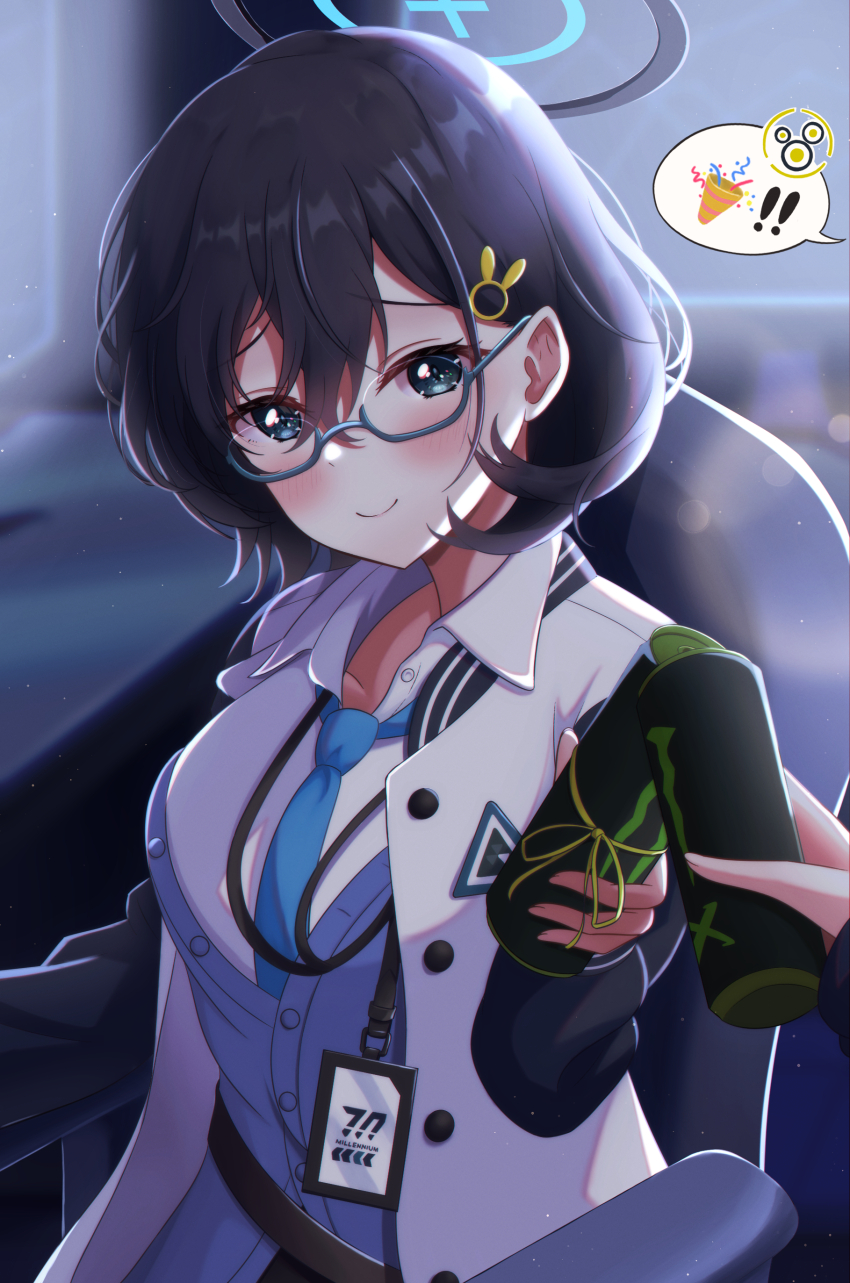 2girls absurdres black_hair black_jacket blue-framed_eyewear blue_archive blue_eyes blue_halo blue_necktie blue_sweater_vest blurry blurry_background blush breasts can chair chihiro_(blue_archive) closed_mouth collared_shirt commentary_request cup drink_can energy_drink glasses hair_ornament halo hand_up hare_(blue_archive) highres holding holding_cup id_card jacket lanyard large_breasts looking_at_viewer medium_hair monster_energy multicolored_jacket multiple_girls necktie office_chair on_chair open_clothes open_jacket pov pov_hands rabbit_hair_ornament sa07_drawing semi-rimless_eyewear shirt sitting smile solo_focus spoken_emoji sweater_vest swivel_chair two-tone_jacket under-rim_eyewear white_jacket white_shirt