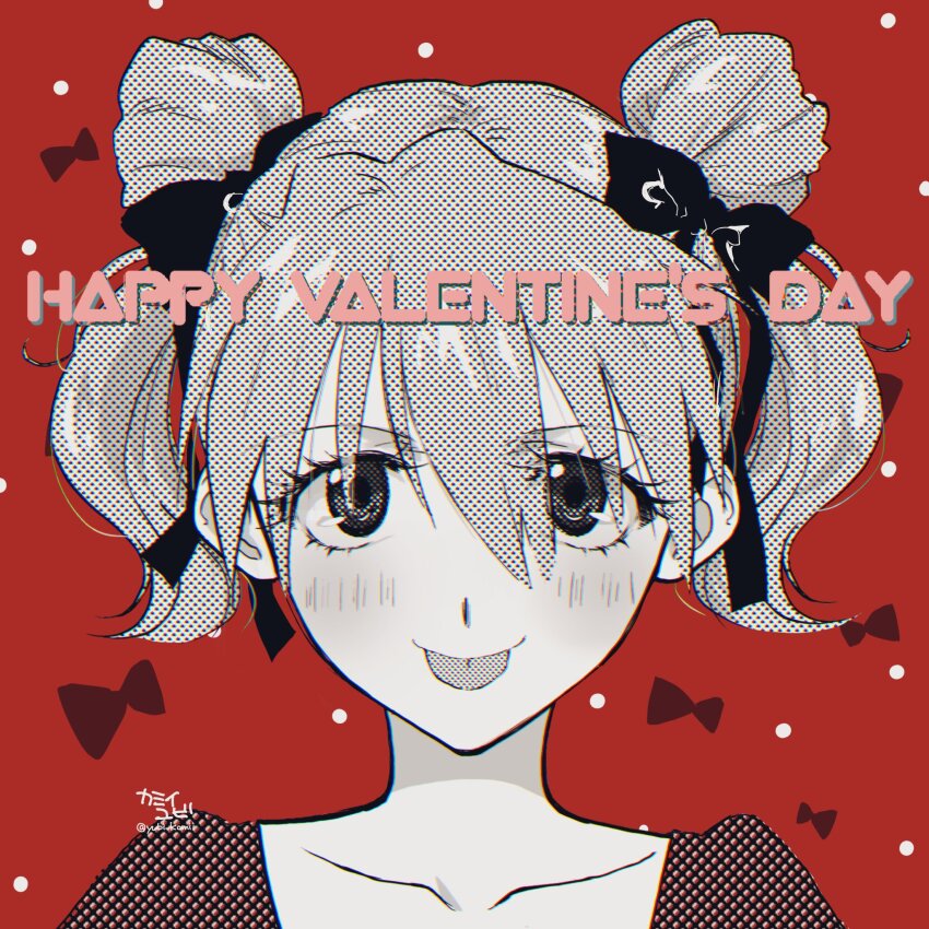 1girl :&gt; alternate_hairstyle blush english_text greyscale_with_colored_background hair_ornament hair_ribbon happy_valentine highres long_hair looking_at_viewer naughty_face neon_genesis_evangelion red_background ribbon simple_background smile solo souryuu_asuka_langley standing tongue tongue_out twintails twitter_username two_side_up upper_body valentine yubi_kamii
