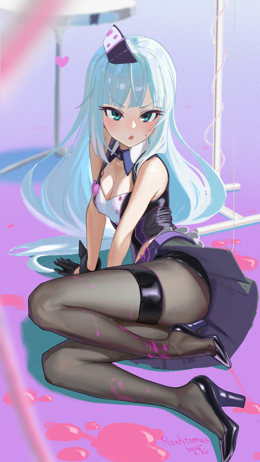1girl absurdres arm_support artist_name black_gloves black_pantyhose black_shoes black_wrist_cuffs blue_eyes blue_hair blush breasts cleavage cleavage_cutout clothing_cutout concept_take_care_(idolmaster) dated full_body gloves hat heart high_heels highres idolmaster idolmaster_million_live! idolmaster_million_live!_theater_days long_hair looking_at_viewer lying nurse nurse_cap official_alternate_costume on_floor on_side open_mouth pantyhose shiraishi_tsumugi shoes sleeveless solo sweatdrop thigh_strap tomber wrist_cuffs