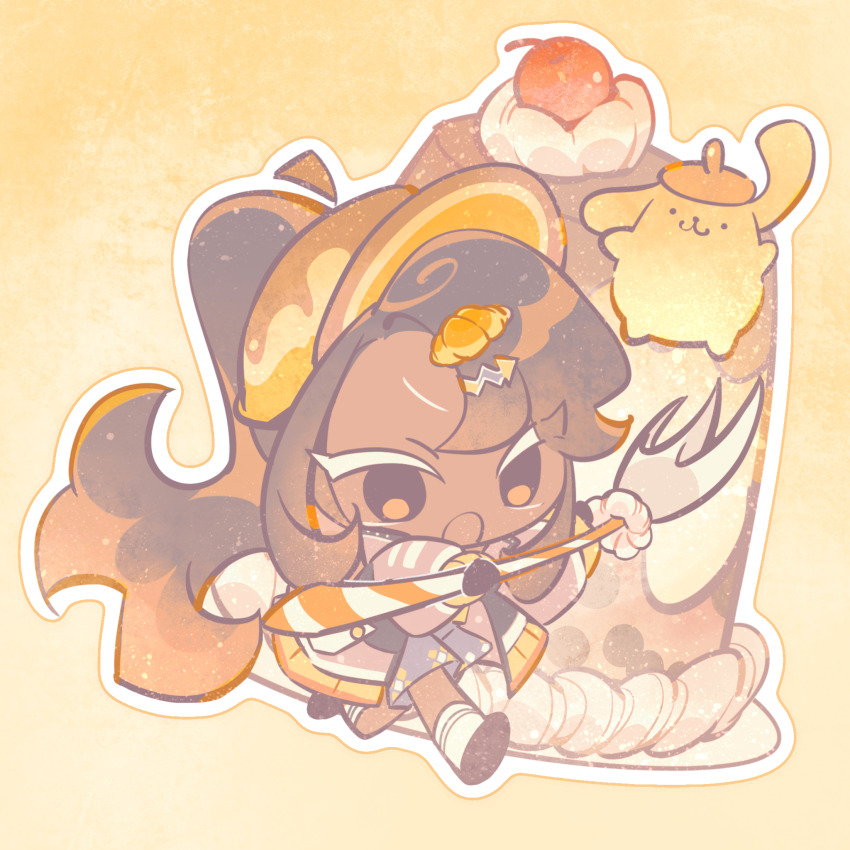 1girl :o absurdly_long_hair asymmetrical_bangs brown_eyes brown_hair cake caramel_arrow_cookie cherry cookie_run cookie_run:_kingdom curtained_hair eyebrows_hidden_by_hair food food-themed_hair_ornament food_request fork fruit hair_ornament hat highres holding holding_fork long_hair long_sleeves mini_person minigirl open_mouth pompompurin ponytail prehensile_ears running sanrio shoes shu_(pjxv7485) solo v-shaped_eyebrows very_long_hair yellow_background yellow_hat