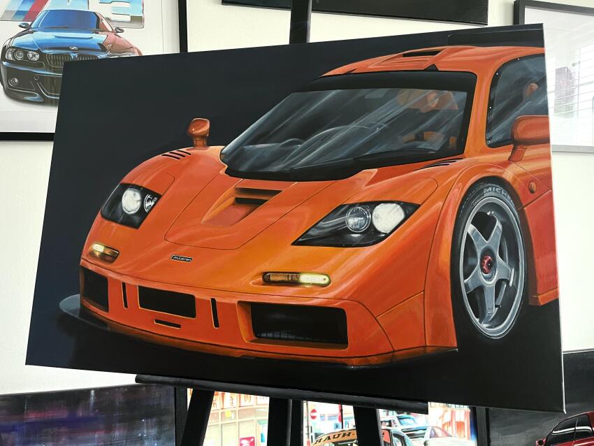 absurdres acrylic_paint_(medium) black_background black_car bmw bmw_3_series bmw_e46 bmw_m3 car commentary english_commentary glowing highres mclaren mclaren_f1 modifiedartworks motor_vehicle no_humans orange_car original painting_(medium) photo_(medium) traditional_media vehicle_focus