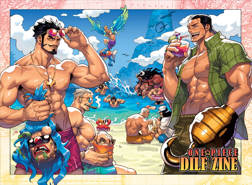 6+boys absolum_art algae alternate_costume armpit_hair armpit_hair_peek bara bare_pectorals beach beard bird black_hair blonde_hair buggy_the_clown charlotte_katakuri chips_(food) cigar cloud cloudy_sky clown_nose cocktail commentary copyright_name crab crocodile_(one_piece) cross cross_necklace cup curled_horns disembodied_head dracule_mihawk drinking_glass english_commentary facial_hair fish food gen_1_pokemon giant giant_male gol_d._roger green_shirt hair_slicked_back hand_wings highres holding_detached_head hook_hand horns injury jewelry kaidou_(one_piece) kinemon large_pectorals long_hair magikarp male_focus marco_(one_piece) mature_male monkey_d._garp multiple_boys muscular muscular_male mustache navel_hair necklace nintendo nipples ocean old old_man one_piece open_clothes open_mouth pectorals pink-tinted_eyewear pink_hair pokemon removing_eyewear scar scar_on_chest scar_on_face seagull sengoku_(one_piece) severed_head shirt short_hair shorts sideburns size_difference sky smile smoker_(one_piece) smoking spiked_hair sunglasses teeth tinted_eyewear topless_male white_hair winged_arms wings