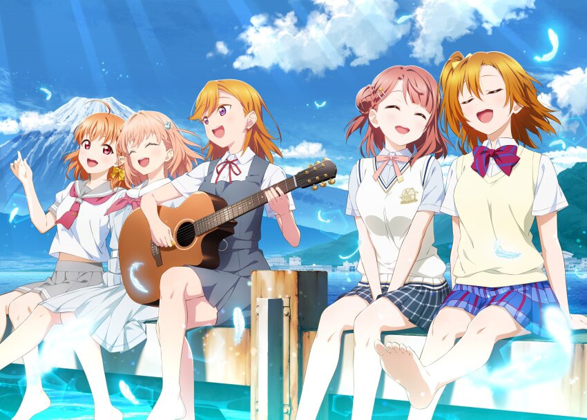 2c=galore 5girls :d ^_^ absurdres acoustic_guitar ahoge barefoot between_legs blue_dress blue_shirt blue_skirt blue_sky bow bowtie braid braided_bun breasts closed_eyes cloud collared_shirt color_connection commentary_request crossed_legs diagonal-striped_bow diagonal-striped_bowtie diagonal-striped_clothes dress dress_shirt falling_feathers feathers glowing_feather grey_dress grey_sailor_collar grey_skirt guitar hair_bow hair_bun hair_color_connection hair_ornament hand_between_legs hasu_no_sora_school_uniform highres hinoshita_kaho holding holding_guitar holding_instrument in-franchise_crossover instrument kosaka_honoka leg_up link!_like!_love_live! looking_at_another love_live! love_live!_nijigasaki_high_school_idol_club love_live!_school_idol_project love_live!_sunshine!! love_live!_superstar!! medium_breasts medium_dress medium_hair midriff_peek miniskirt mount_fuji mountainous_horizon multiple_girls neck_ribbon neckerchief nijigasaki_school_uniform official_art one_side_up open_mouth orange_hair otonokizaka_school_uniform pier pinafore_dress pink_ribbon plaid_clothes plaid_skirt pleated_dress pleated_skirt puffy_short_sleeves puffy_sleeves purple_eyes rabbit_hair_ornament red_bow red_bowtie red_eyes red_neckerchief red_ribbon ribbon sailor_collar sailor_dress school_uniform second-party_source serafuku shibuya_kanon shirt short_dress short_sleeves side_braid side_up_bun single_side_bun sitting skirt sky sleeveless sleeveless_dress smile striped_clothes summer_uniform sweater_vest takami_chika teeth tie_clip uehara_ayumu upper_teeth_only uranohoshi_school_uniform white_feathers white_sailor_collar white_shirt yellow_bow yellow_sweater_vest yuigaoka_school_uniform