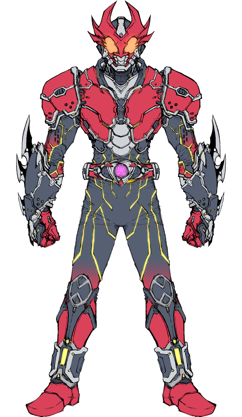 1boy absurdres altering_(agito) armor armored_bodysuit belt black_bodysuit bodysuit bursting compound_eyes rider_belt gauntlets highres horns kamen_rider kamen_rider_agito kamen_rider_agito_(burning_form) kamen_rider_agito_(series) male_focus multiple_horns orange_eyes red_armor red_horns rider_belt shoulder_armor solo spiked_gauntlets tokusatsu zd19990214
