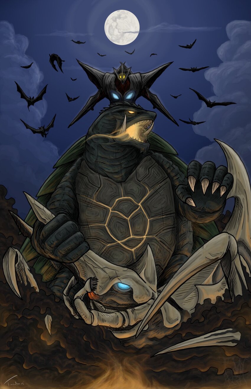 arm_blade bioluminescence blue_eyes blue_sky body_markings breath_weapon breathing_fire bug claws cloud daiei_film dust energy fire flying full_moon gamera gamera_(series) gamera_2:_attack_of_legion gamera_3:_revenge_of_iris giant giant_monster glowing glowing_eyes glowing_markings gyaos highres horns hyper_gyaos iris_(gamera) kaiju legion_(gamera) monster moon night no_humans no_pupils open_mouth pectorals plasma sharp_teeth silhouette sky smoke tail tanner_wright_art teeth tentacles turtle tusks weapon wings yellow_eyes
