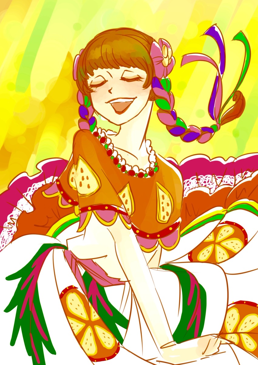 08130326 1girl blush braid brown_hair colored_pencil_(medium) commentary_request copyright_request disneyland dress flower highres long_hair looking_at_viewer makeup mexican_clothes simple_background smile solo traditional_media twin_braids white_background