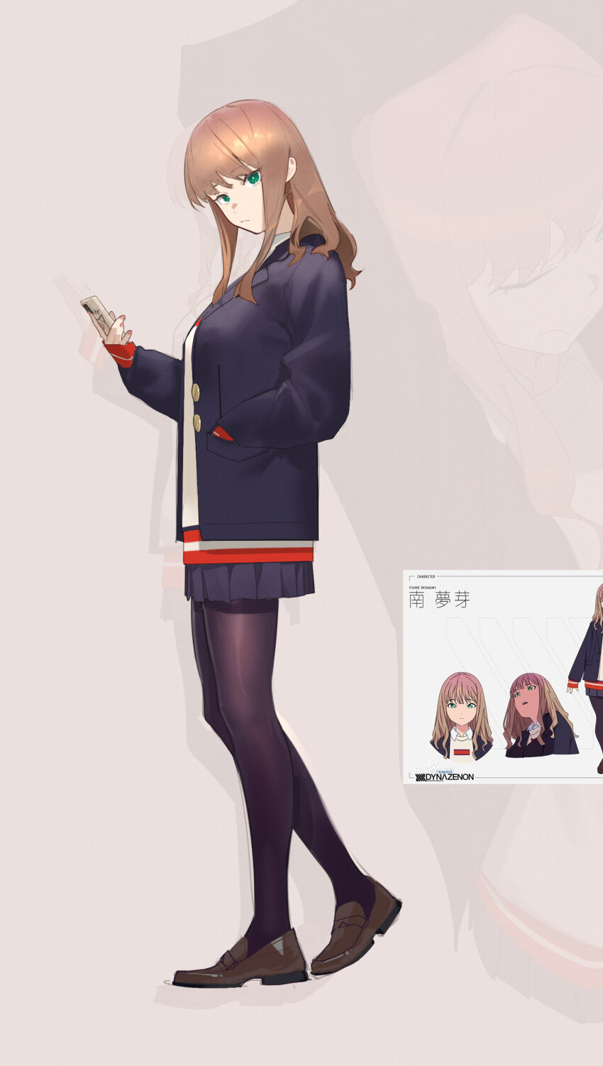 1girl absurdres black_pantyhose blazer blue_jacket blue_skirt brown_hair brown_shoes cellphone character_name green_eyes gridman_universe hand_in_pocket highres holding holding_phone jacket loafers looking_at_viewer medium_hair minami_yume open_clothes open_jacket pantyhose phone pleated_skirt reference_inset roja_(rex126) school_uniform shoes skirt ssss.dynazenon