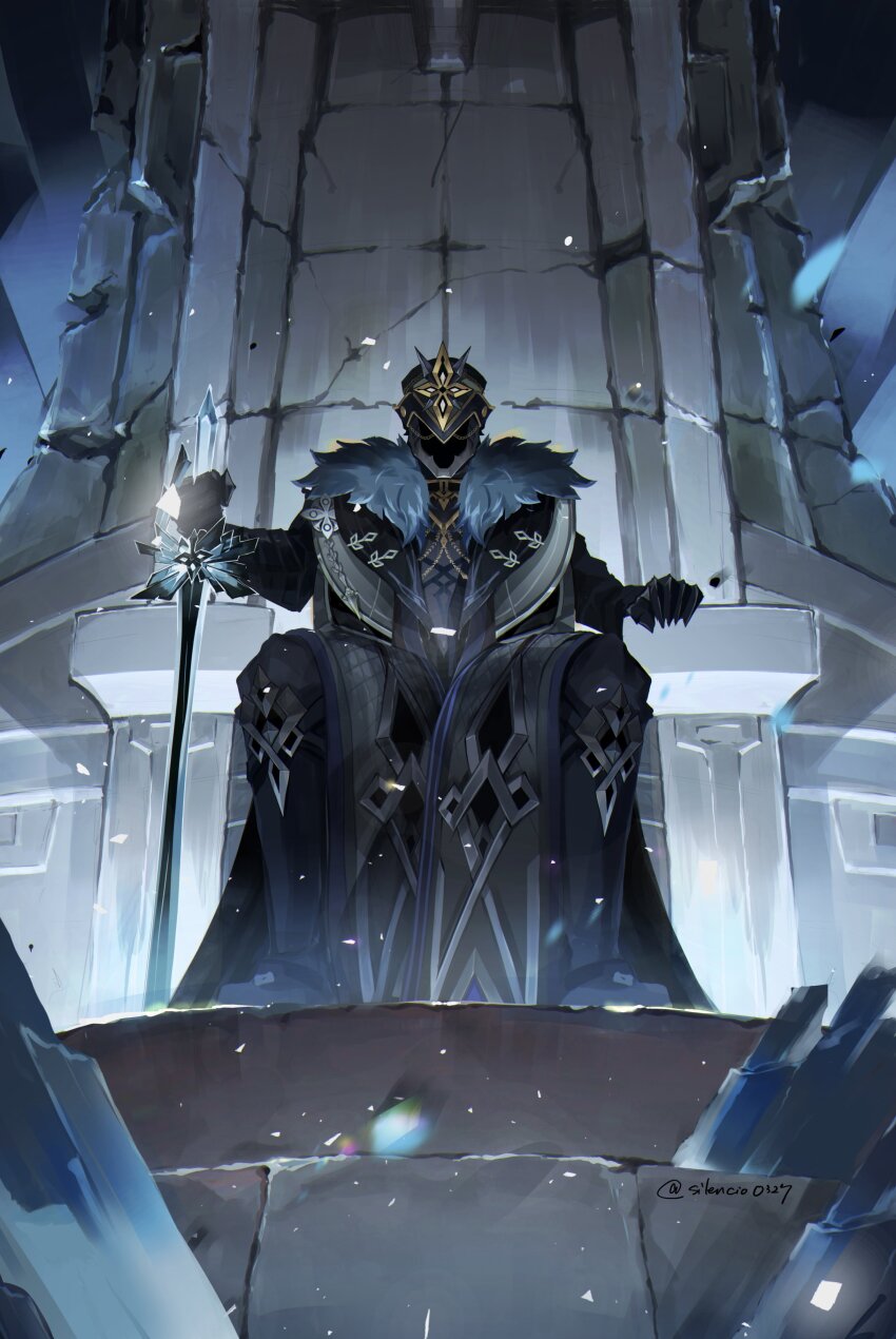 1boy absurdres black_helmet capitano_(genshin_impact) clawed_gauntlets coat commentary_request faceless faceless_male fatui_coat from_below fur-trimmed_coat fur_trim genshin_impact helmet highres holding holding_sword holding_weapon ice male_focus mask muri_(pan&#039;ichi_murimuri_geinin) ornate_weapon planted planted_sword planted_weapon sitting solo spiked_helmet stairs sword twitter_username weapon