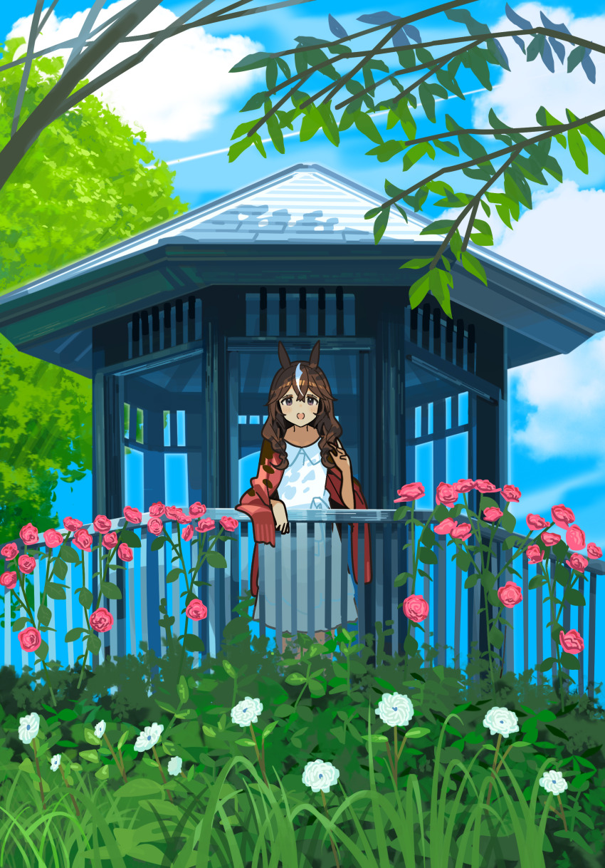 1girl absurdres ashinowoto blush braid branch brown_eyes brown_hair casual cloud commentary_request curren_bouquetd&#039;or_(umamusume) flower garden highres horse_girl long_hair looking_at_viewer low_twin_braids open_mouth scarf scenery sky solo twin_braids umamusume