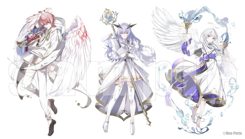 1boy 2girls absurdres ahoge alternate_costume angel angel_wings anklet black_horns black_shoes blue_eyes blue_gemstone book boots bracelet bracer bridal_gauntlets cape capelet chalice closed_mouth colored_inner_hair copyright_notice cross-shaped_pupils cup dress ear_piercing feathered_wings floating_scarf frilled_sleeves frills full_body fur-trimmed_capelet fur_trim gem gold_trim hair_between_eyes halo heterochromia highres holding holding_book holding_cup holding_instrument holding_staff holding_trumpet hood hood_down hoodie horns instrument jewelry kasukano_uturo lineup long_hair long_sleeves looking_at_viewer medium_dress minase_(neo-porte) mole mole_under_eye multicolored_hair multiple_girls nail_polish neo-porte object_floating_above_hand official_art outstretched_arms pants piercing pink_hair pleated_skirt puritan_collar purple_dress purple_eyes purple_hair purple_nails purple_sash red_eyes sample_watermark sash scarf shirt shoes short_dress short_hair short_hair_with_long_locks simple_background skirt spread_arms staff standing stole streaked_hair symbol-shaped_pupils tentei_forte thigh_boots trumpet two-sided_dress two-sided_fabric virtual_youtuber waist_sash water watermark white_background white_boots white_bridal_gauntlets white_cape white_capelet white_dress white_hair white_halo white_hoodie white_overskirt white_pants white_scarf white_shirt white_shoes white_wings wings yellow_eyes yonemuro