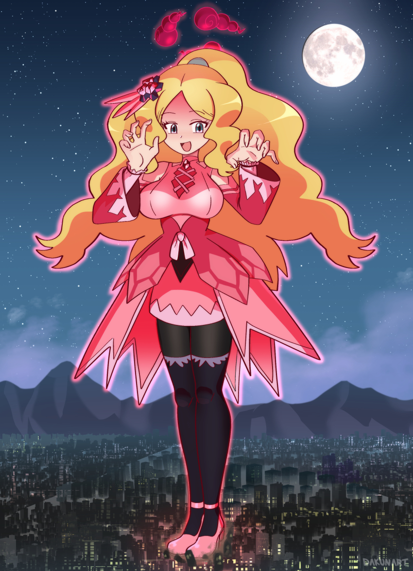 1girl absurdres blonde_hair breasts caitlin_(fall_2021)_(pokemon) caitlin_(pokemon) city creatures_(company) dakunart dynamax female_focus full_body full_moon game_freak giant giantess high_heels highres large_breasts long_hair moon nintendo official_alternate_color pantyhose pokemon pokemon_masters_ex solo thighhighs