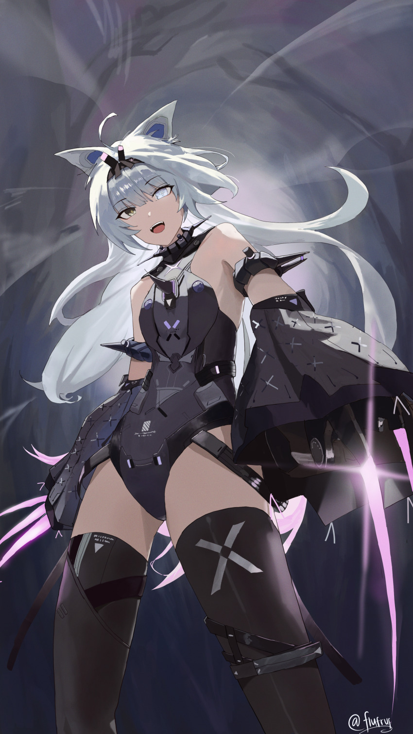1girl absurdres ahoge animal_ears armlet bare_shoulders black_bodysuit black_hairband black_leotard black_sleeves black_thighhighs bodysuit claws commentary cross-shaped_pupils detached_sleeves fangs from_below grey_eyes grey_hair hair_intakes hairband heterochromia highres jewelry leotard long_hair mechanical_ears mismatched_pupils no._21:_feral_scent_(pgr) no._21_(pgr) open_mouth punishing:_gray_raven sleeveless sleeveless_bodysuit sleeves_past_wrists sodacola solo spiked_armlet symbol-shaped_pupils teeth thighhighs upper_teeth_only wolf_ears yellow_eyes