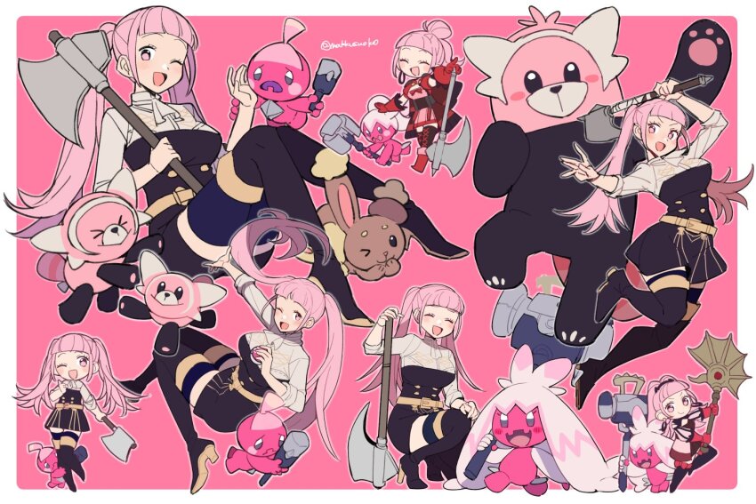 &gt;_&lt; 1girl :d axe bewear black_eyes border breasts buneary closed_mouth commentary crossover do_m_kaeru eyelashes fire_emblem fire_emblem:_three_houses fire_emblem_warriors:_three_hopes garreg_mach_monastery_uniform gen_4_pokemon gen_7_pokemon hammer hilda_valentine_goneril holding holding_axe holding_hammer large_breasts long_hair matching_hair/eyes multiple_views nintendo official_alternate_costume one_eye_closed open_mouth outside_border pink_background pink_eyes pink_hair pokemon pokemon_(creature) simple_background smile squatting standing standing_on_one_leg stuffed_animal stuffed_toy stufful symbol-only_commentary teddy_bear tinkatink tinkaton tinkatuff trait_connection twintails white_border wink