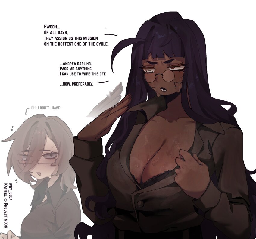 2girls ahoge andrea_(ny_000a) black_bra bra breasts brown_hair glasses hair_between_eyes highres katriel_(project_moon) large_breasts library_of_ruina long_hair multiple_girls ny_000a oc_x_canon open_mouth original pince-nez project_moon purple_hair round_eyewear short_hair sidelocks steam steaming_body sweat underwear upper_body very_long_hair