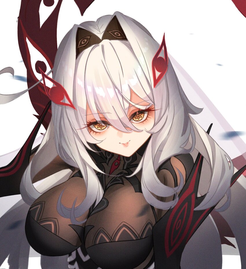 1girl breasts closed_mouth commentary_request eye_hair_ornament eye_symbol genshin_impact grey_hair hair_between_eyes hair_intakes highres large_breasts long_hair punco_(kdfg2577) ronova_(genshin_impact) simple_background smile solo symbol-shaped_pupils very_long_hair white_background yellow_eyes