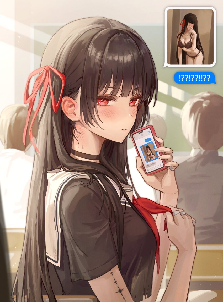 1girl aibek black_bra black_choker black_panties black_shirt blush bra breasts cellphone chisa_(wuthering_waves) choker classroom commentary hair_ribbon highres holding holding_phone indoors looking_at_viewer medium_breasts mole mole_under_eye neckerchief panties parted_lips people phone red_eyes red_neckerchief red_ribbon ribbon sailor_collar shirt short_sleeves smartphone solo_focus symbol-only_commentary tacet_mark_(wuthering_waves) text_messaging underwear upper_body white_sailor_collar wuthering_waves