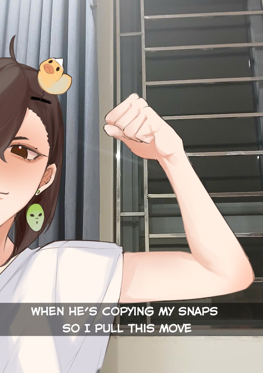 1girl absurdres arm_up ayase_momo black_hair blush brown_eyes closed_mouth dandadan duck_hair_ornament earrings hachi_(chisano_hako) hand_up highres jewelry medium_hair meme photo_background shirt solo white_shirt
