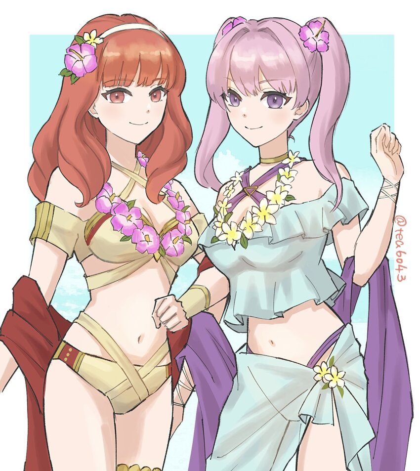 2girls bikini blue_bikini breasts celica_(fire_emblem) celica_(summer)_(fire_emblem) cleavage clenched_hand fire_emblem fire_emblem:_the_blazing_blade fire_emblem_echoes:_shadows_of_valentia fire_emblem_heroes flower flower_necklace hair_flower hair_ornament halterneck highres jewelry lei long_hair looking_at_viewer medium_breasts multiple_girls necklace nintendo official_alternate_costume pink_hair purple_bikini purple_eyes red_hair serra_(fire_emblem) serra_(summer)_(fire_emblem) smile swimsuit tea6043 yellow_bikini