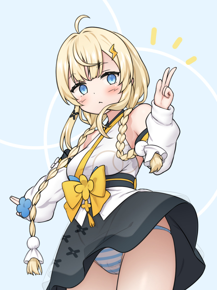 1girl :&lt; ahoge backless_kimono bare_shoulders black_skirt blonde_hair blue_background blue_bow blue_eyes blush bow braid breasts cowboy_shot detached_sleeves from_below hair_ornament hair_over_shoulder hakama hakama_skirt headset highres japanese_clothes kadou_mikaru kimono large_breasts lightning_bolt lightning_bolt_hair_ornament lightning_bolt_symbol long_sleeves looking_at_viewer low_twin_braids miniskirt nijisanji no_headwear no_horns no_jacket notice_lines obi obi_bow obijime panties pantyshot puffy_long_sleeves puffy_sleeves ria_aerial sash see-through_clothes sidelocks simple_background skirt solo striped_clothes striped_panties teruterubouzu twin_braids underwear virtual_youtuber w white_kimono wind wind_lift x_hair_ornament yellow_bow