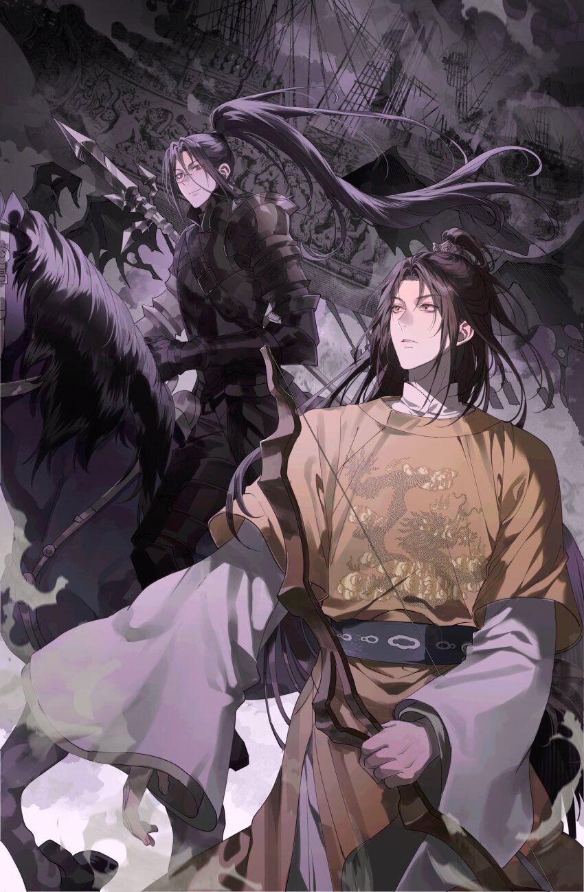 2boys aircraft airship armor belt black_hair bow_(weapon) bridle brown_hair chang_geng chinese_clothes chowa_(chocomeringue) grey_eyes gu_yun half_updo hanfu high_ponytail highres holding holding_bow_(weapon) holding_weapon horse horseback_riding long_hair long_sleeves looking_up monocle multiple_boys parted_lips polearm ponytail riding sash sha_po_lang ship smoke trident watercraft weapon wide_sleeves xiao_guan_(headdress) yellow_eyes yellow_hanfu