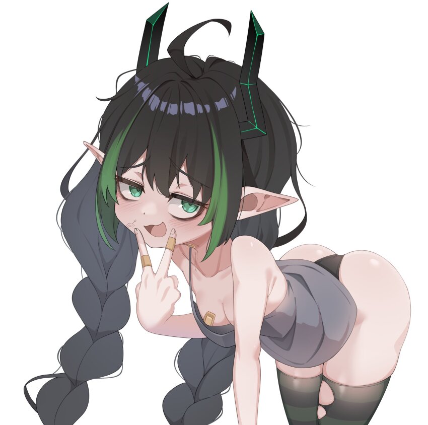 1girl ahoge ass bandaid bandaid_on_finger bandaid_on_hand bandaids_on_nipples bent_over black_hair black_horns black_panties black_thighhighs braid breasts camisole cleavage collarbone cowboy_shot double-parted_bangs elf elfinpsyop green_eyes green_streaks grey_camisole hakimen hand_up highres horns indie_virtual_youtuber loli long_hair looking_at_viewer multicolored_hair open_mouth panties pasties petite pointy_ears raised_inner_eyebrows second-party_source simple_background small_breasts smile smug solo streaked_hair striped_clothes striped_thighhighs thighhighs twin_braids underwear v v_over_mouth virtual_youtuber white_background