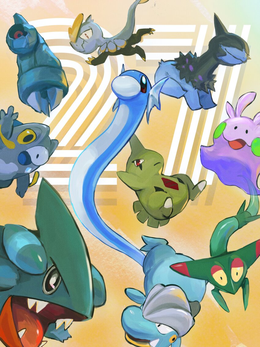absurdres bagon beldum black_eyes blue_skin colored_skin covered_eyes deino_(pokemon) dragon dratini dreepy fangs fins frigibax gen_1_pokemon gen_2_pokemon gen_3_pokemon gen_4_pokemon gen_5_pokemon gen_6_pokemon gen_7_pokemon gen_8_pokemon gible go-lurk goomy green_skin grey_skin head_fins highres jangmo-o larvitar monster nintendo no_humans pokemon pokemon_(creature) purple_skin red_eyes reptile robot shark skin_fangs slug yellow_eyes yellow_scales