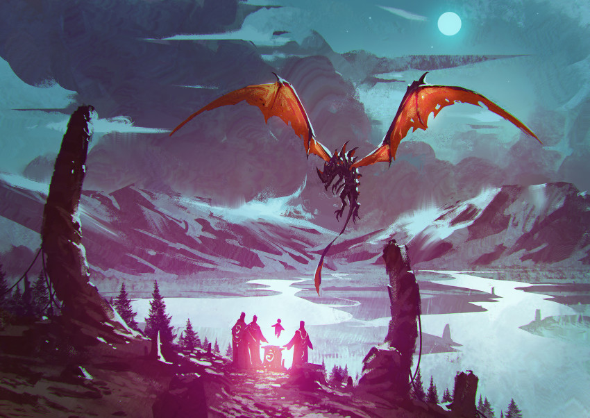 4others absurdres ambiguous_gender baby dragon floating flying forest green_sky highres horns kalmahul light moon mountain multiple_others nature night open_mouth original robe rock sharp_teeth sky teeth torn_wings tree valley water wings