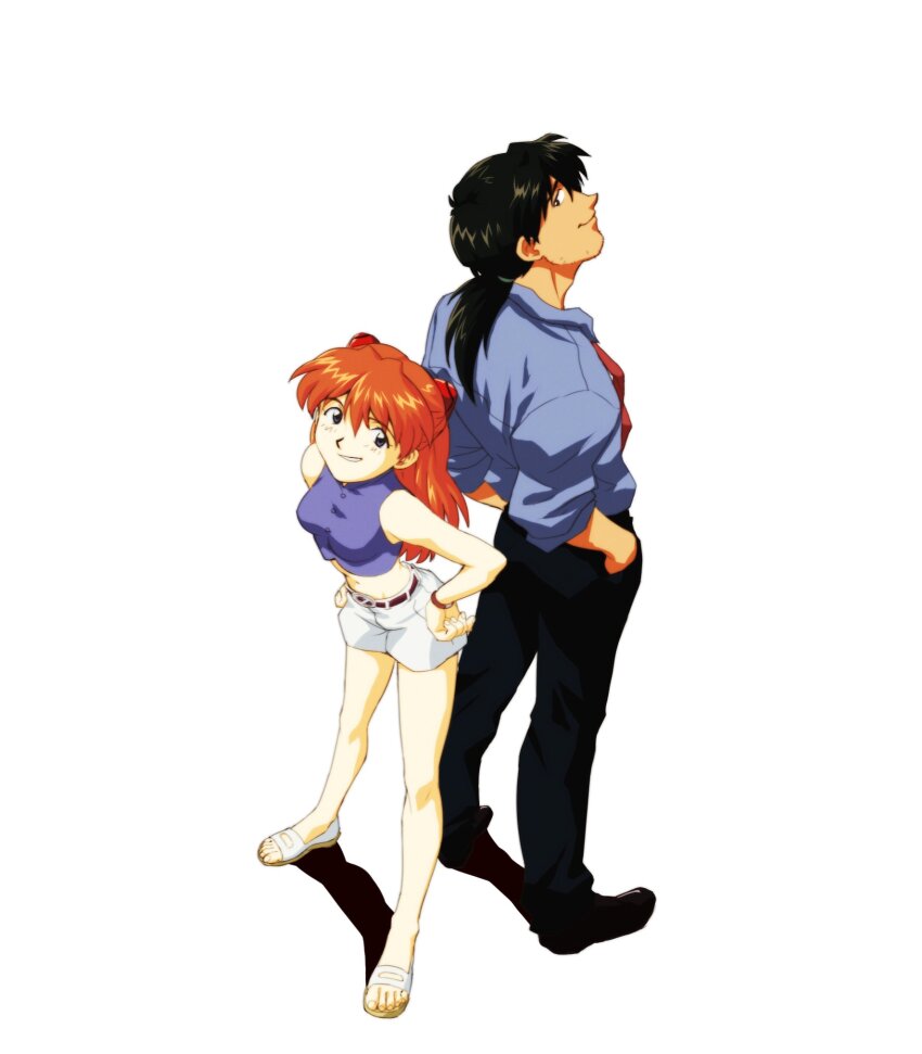 1boy 1girl amondetauro back-to-back black_hair black_pants blue_shirt breasts crop_top from_above full_body grin hands_in_pockets hands_on_own_hips highres interface_headset_(evangelion) kaji_ryouji long_hair looking_at_viewer low_ponytail midriff navel neon_genesis_evangelion orange_hair pants ponytail sandals shirt short_shorts shorts simple_background small_breasts smile souryuu_asuka_langley standing white_background white_sandals white_shorts