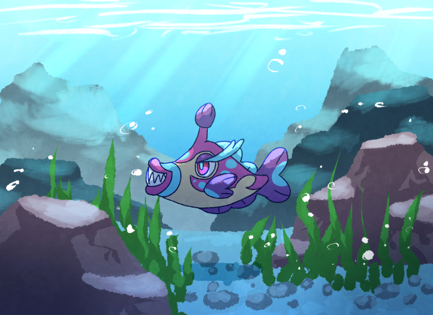 animal_focus antennae blue_pupils blue_skin bruxish bubble colored_skin commentary_request fins fish gen_7_pokemon kelp kotobukkii_(yt_lvlv) multicolored_skin nintendo no_humans pink_eyes pink_skin pokemon pokemon_(creature) rock sharp_teeth sunlight teeth underwater yellow_skin