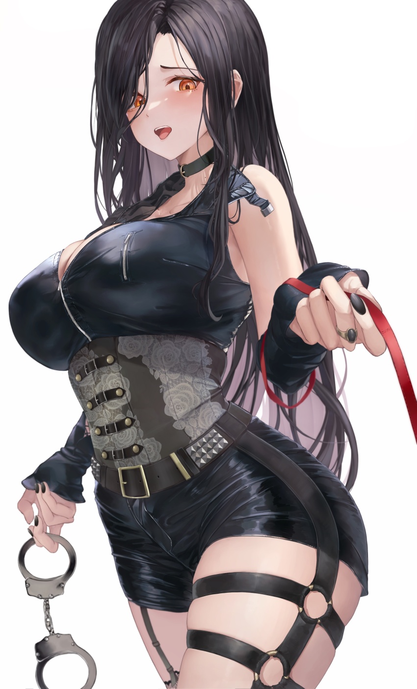 1girl absurdres asymmetrical_legwear bdsm belt black_choker black_corset black_hair black_nails bondage bound breasts choker corset cuffs handcuffs highres holding holding_handcuffs holding_leash huge_breasts lace lace-trimmed_legwear lace_trim large_breasts leash long_hair looking_at_viewer mugi_maccha nijisanji open_mouth orange_eyes pov shirayuki_tomoe shirayuki_tomoe_(9th_costume) shorts solo thighhighs viewer_on_leash virtual_youtuber