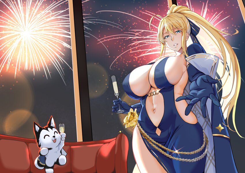 1girl absurdres alcohol artoria_pendragon_(fate) artoria_pendragon_(lancer)_(fate) bare_shoulders blonde_hair blue_gloves breasts center_opening champagne champagne_flute cleavage cocktail_dress commission crown cup dog dress drinking_glass elbow_gloves fate/grand_order fate_(series) foreshortening gloves green_eyes hair_between_eyes highres holding husky large_breasts long_hair looking_at_viewer navel outstretched_arm outstretched_hand ponytail reaching reaching_towards_viewer revealing_clothes shiki_(love-saber) sidelocks smile solo standing swept_bangs very_long_hair