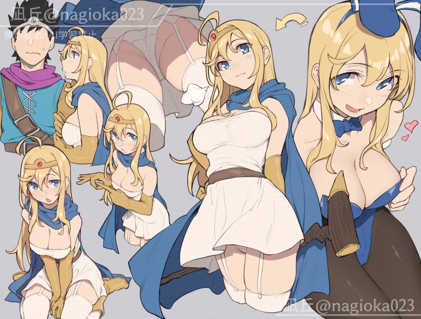 1boy 1girl ahoge animal_ears black_hair black_pantyhose blonde_hair blue_cape blue_eyes blue_leotard breasts cape circlet cleavage dragon_quest dragon_quest_iii dress fake_animal_ears gloves gold_circlet hero_(dq3) large_breasts leotard long_hair nagioka panties pantyhose playboy_bunny sage_(dq3) short_dress short_hair spiked_hair strapless strapless_dress underwear white_dress white_panties yellow_gloves