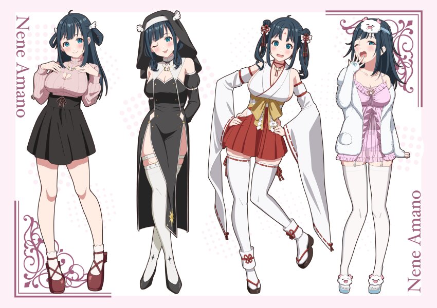 1girl ;p absurdres ahoge amano_nene_(vtuber) amano_nene_(vtuber)_(1st_costume) amano_nene_(vtuber)_(nun) amano_nene_(vtuber)_(pajama) amano_nene_(vtuber)_(shrine_maiden) ankle_garter arms_behind_back bare_shoulders black_dress black_hair black_skirt black_sleeves black_veil bloomers blue_eyes blush bow breasts character_name choker cleavage cleavage_cutout closed_mouth clothing_cutout cloudtomo_(amano_nene) commentary_request commission covering_own_mouth detached_collar detached_sleeves double_bun dress facial_mark forehead_mark frilled_nightgown full_body hair_bun hair_ornament hair_rings hakama hakama_short_skirt hakama_skirt half_updo hand_on_own_hip hand_over_own_mouth heart_cutout high-waist_skirt high_collar high_heels highres hip_vent jacket japanese_clothes juliet_sleeves kimono large_breasts legwear_garter long_dress long_hair long_sleeves looking_at_viewer low_twintails mary_janes mask mask_on_head medium_hair miniskirt multiple_views nightgown nontraditional_miko nun obi official_alternate_costume official_alternate_hairstyle one_eye_closed parted_bangs parted_hair pelvic_curtain pink_bloomers pink_nightgown pink_sweater production_kawaii puffy_sleeves pumps red_choker red_footwear red_skirt ribbed_sweater ribbon-trimmed_thighhighs ribbon_trim sandals sash see-through_clothes shoes side_slit sideless_kimono sidelocks skeb_commission skirt sleep_mask sleeve_garter sleeveless sleeveless_kimono smile socks spaghetti_strap strapless strapless_dress suspender_skirt suspenders sweater taiga_sb thigh_strap thighhighs tongue tongue_out turtleneck turtleneck_sweater twintails underbust underwear veil virtual_youtuber waist_bow white_jacket white_socks white_thighhighs wide_sleeves wing_hair_ornament yawning yellow_sash zouri