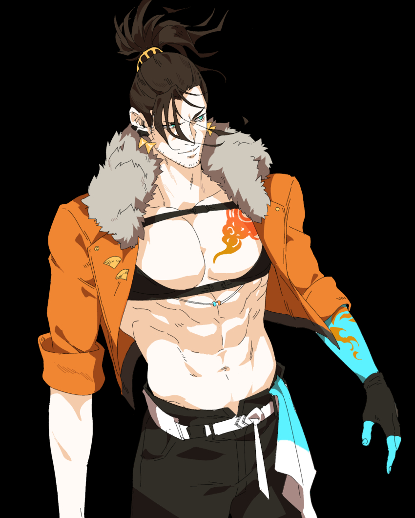 1boy abs arm_tattoo bare_pectorals beard_stubble belt black_background black_hair black_pants blue_eyes blue_skin buckle chest_tattoo colored_skin earrings facial_hair fur-trimmed_jacket fur_trim hair_between_eyes highres holostars holostars_english jacket jewelry josuiji_shinri looking_to_the_side loose_hair_strand male_focus multicolored_skin muscular muscular_male navel orange_jacket pants pectorals ponytail screetuber sleeves_rolled_up smile snap-fit_buckle stubble tattoo virtual_youtuber white_belt