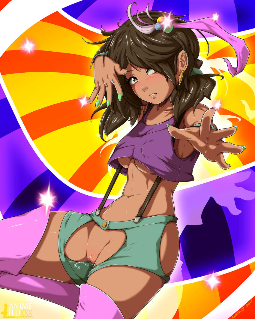 1girl animeflux blush body_writing boots breasts brown_hair collarbone crop_top crotchless crotchless_shorts dark_skin earrings feather_hair_ornament green_eyes green_nails green_shorts hair_bobbles hair_ornament hair_over_one_eye highres jewelry long_hair looking_at_viewer low_twintails medium_breasts midriff multicolored_background navel no_panties parted_lips pink_boots purple_shirt pussy pussy_juice shirt shorts sleeveless sleeveless_shirt solo sparkle standing striped_background suspenders teeth thigh_boots twintails underboob wristband