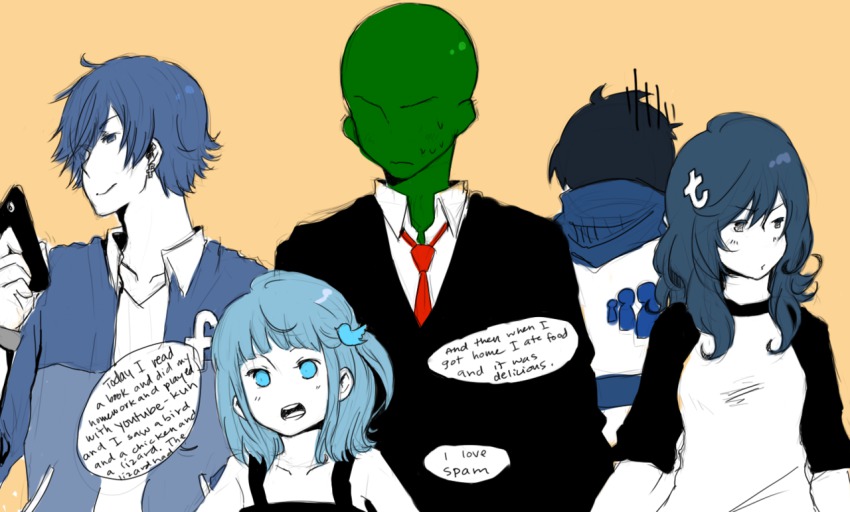2girls 3boys 4chan anonymous_(4chan) blue_eyes blue_hair cellphone couple facebook formal_clothes hair_ornament looking_away multiple_boys multiple_girls myspace personification phone school_uniform shirt suit tumblr twitter