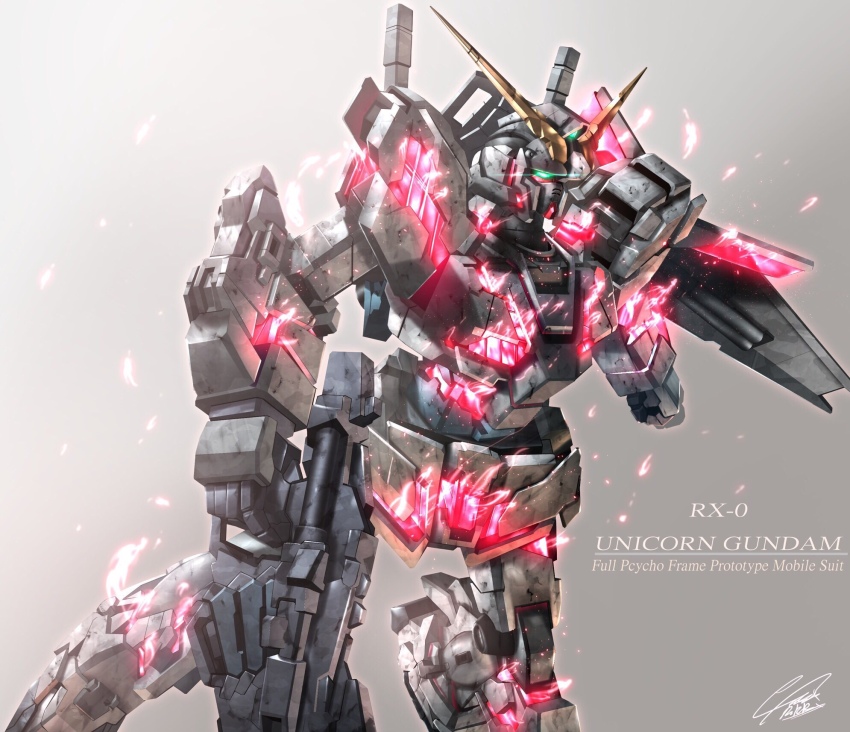 character_name clenched_hand flying glowing glowing_eyes green_eyes gundam gundam_unicorn highres mecha no_humans nt-d raruru robot solo unicorn_gundam v-fin