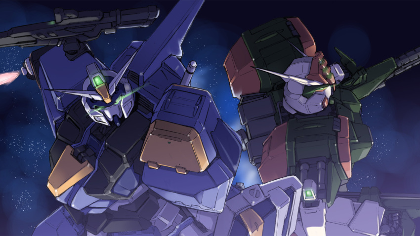 buster_gundam duel_gundam energy_sword glowing glowing_eyes gundam gundam_seed highres kuronyan mecha no_humans robot space sword weapon