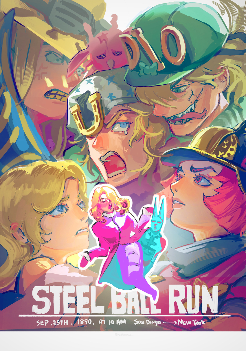 2girls 3boys absurdres blonde_hair blue_eyes colored_teeth copyright_name curly_hair diego_brando dinosaur_tail funny_valentine glasgow_smile green_eyes grills gyro_zeppeli hat highres hot_pants_(sbr) johnny_joestar jojo_no_kimyou_na_bouken long_hair lucy_steel male_focus multiple_boys multiple_girls open_mouth pink_hair red_eyes red_hair scary_monsters_(stand) short_hair stand_(jojo) steel_ball_run sweatdrop tail teardrop tongue tongue_out tusk_(stand) tusk_act1 uu0000322 yellow_teeth