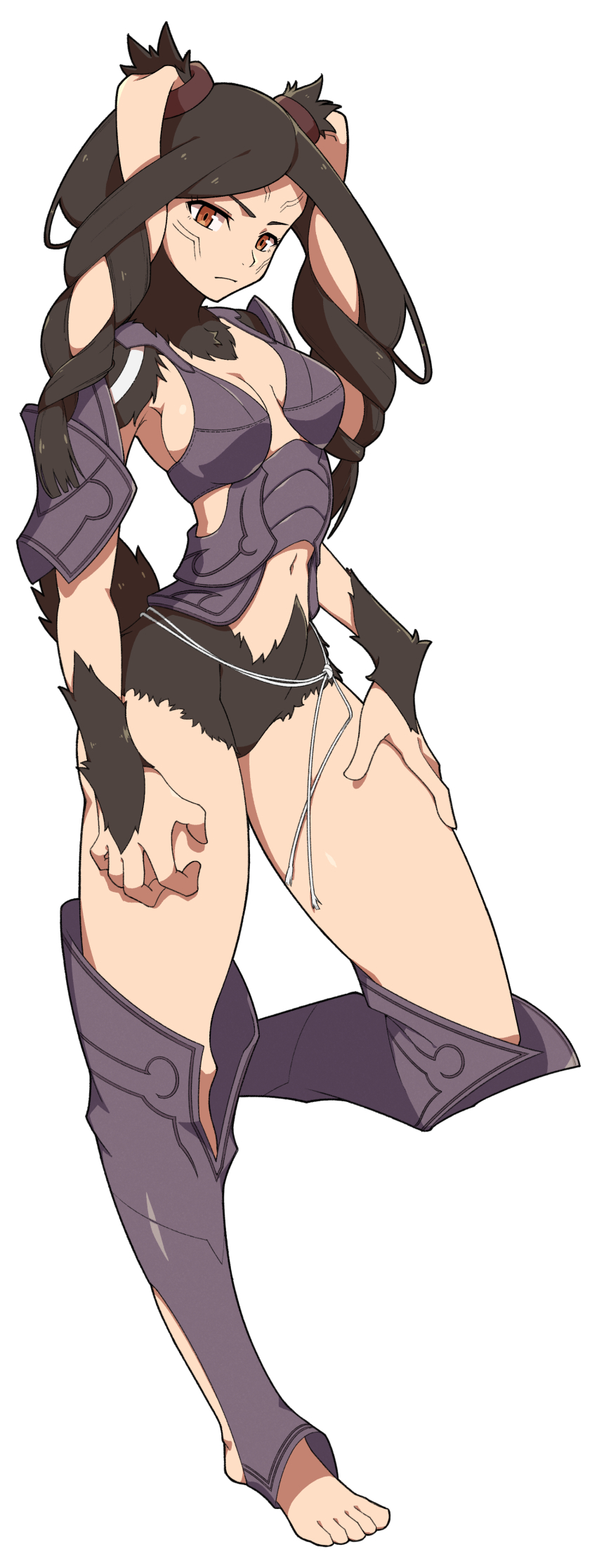 1girl absurdres armor barefoot bikini_armor black_fur body_fur braid breasts breasts_apart brown_eyes fire_emblem fire_emblem_awakening floppy_ears frown hand_on_own_thigh head_tilt highres long_hair looking_at_viewer medium_breasts navel nintendo panne_(fire_emblem) rabbit_tail sasaki_sue solo taguel tail twin_braids very_long_hair white_background
