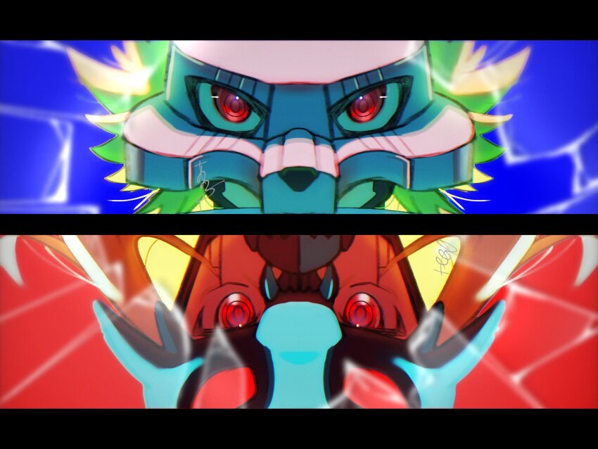 2boys armor blonde_hair digimon digimon_(creature) digimon_frontier duskmon highres looking_at_viewer multiple_boys red_eyes skull wolfmon