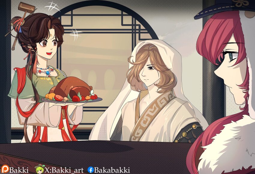 +++ 1boy 2girls architecture artist_name bakki black_eyes brown_background brown_eyes brown_hair chinese_clothes closed_mouth commentary east_asian_architecture english_commentary food getian_(reverse:1999) hair_bun hair_ornament hair_over_one_eye hair_stick hands_up hanfu holding holding_tray implied_cannibalism indoors jewelry jiu_niangzi joke long_hair long_sleeves looking_at_another multiple_girls necklace open_mouth pink_hair reverse:1999 short_hair table tray upper_body veil yenisei_(reverse:1999)