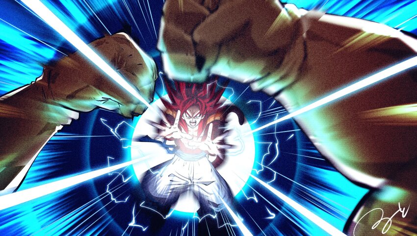 abs aiming aiming_at_viewer attack aura big_bang_kamehameha blue_eyes blue_sash body_fur dragon_ball dragon_ball_gt energy glowing gogeta highres incoming_attack kamehameha_(dragon_ball) letterboxed looking_at_viewer metamoran_vest monkey_boy monkey_tail omega_shenron pov pov_hands red_fur ruto830 sash spiked_hair super_saiyan super_saiyan_4 tail