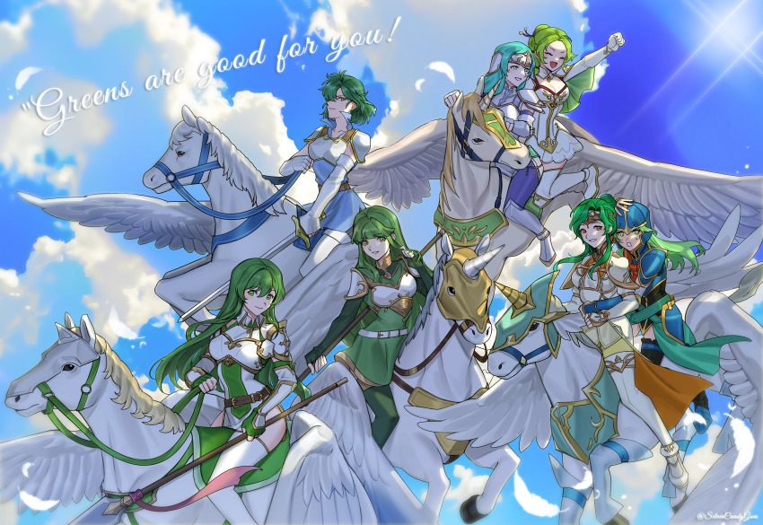 6+girls ^_^ absurdres aqua_hair armor blue_dress blue_sky breastplate breasts cleavage clenched_hand closed_eyes cloud color_connection commentary commission day dress elbow_gloves elincia_ridell_crimea english_text erinys_(fire_emblem) feathers female_focus fingerless_gloves fire_emblem fire_emblem:_genealogy_of_the_holy_war fire_emblem:_path_of_radiance fire_emblem:_shadow_dragon_and_the_blade_of_light fire_emblem:_the_sacred_stones fire_emblem:_thracia_776 gloves green_dress green_eyes green_hair grin helmet highres holding holding_polearm holding_sword holding_weapon l&#039;arachel_(fire_emblem) large_breasts long_hair looking_at_viewer matching_hair/eyes misha_(fire_emblem) multiple_girls nephenee_(fire_emblem) nintendo palla_(fire_emblem) pauldrons pegasus pixiv_commission polearm riding short_dress short_hair shoulder_armor sigrun_(fire_emblem) silvercandy_gum sky smile spear sword thighhighs thighs trait_connection very_long_hair weapon white_armor white_dress white_gloves white_thighhighs