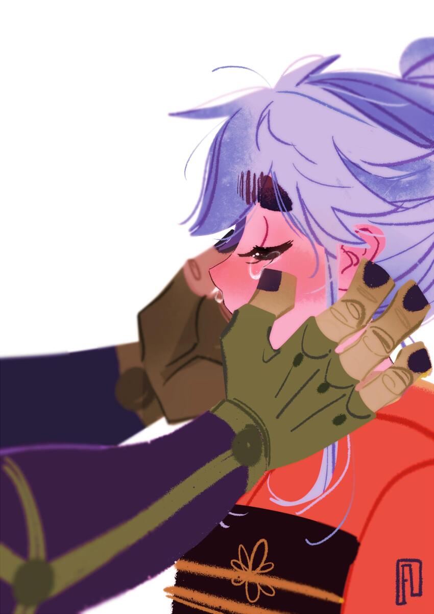 1boy 1girl black_sash blind closed_eyes fewer_digits french-unicorn grey_hair highres hunter_x_hunter japanese_clothes kimono komugi_(hunter_x_hunter) meruem obi red_kimono sash simple_background solo_focus tears upper_body white_background