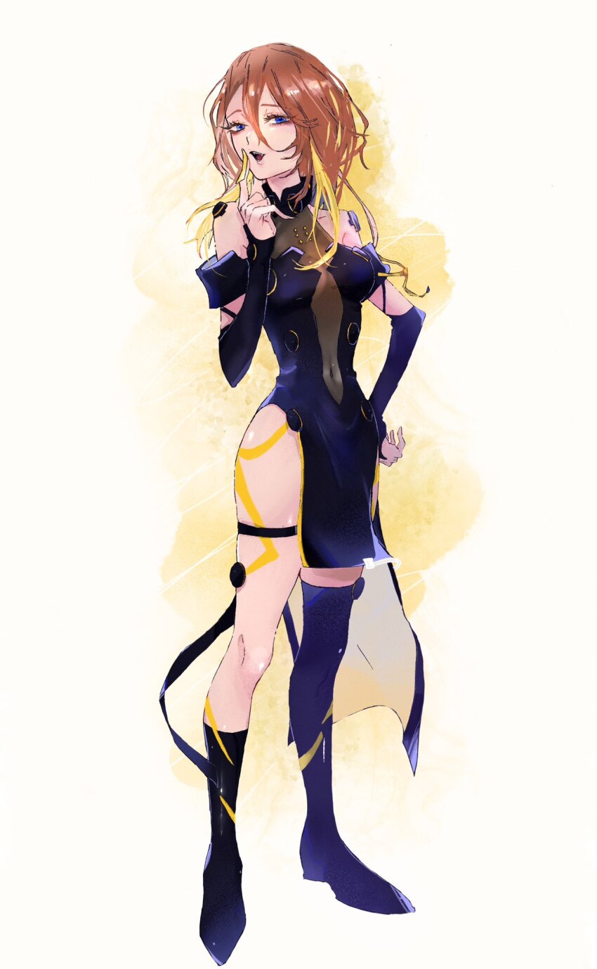 1girl black_boots black_dress blonde_hair blue_eyes boots breasts brown_hair claw_ring collarbone covered_navel detached_sleeves dress hair_between_eyes halter_dress halterneck hand_on_own_hip highres long_hair looking_at_viewer macross macross_delta macross_delta:_zettai_live!!!!!! medium_breasts mochi_(mochigome) multicolored_hair open_mouth single_thigh_boot smile solo streaked_hair thigh_boots thigh_strap yami_kaname