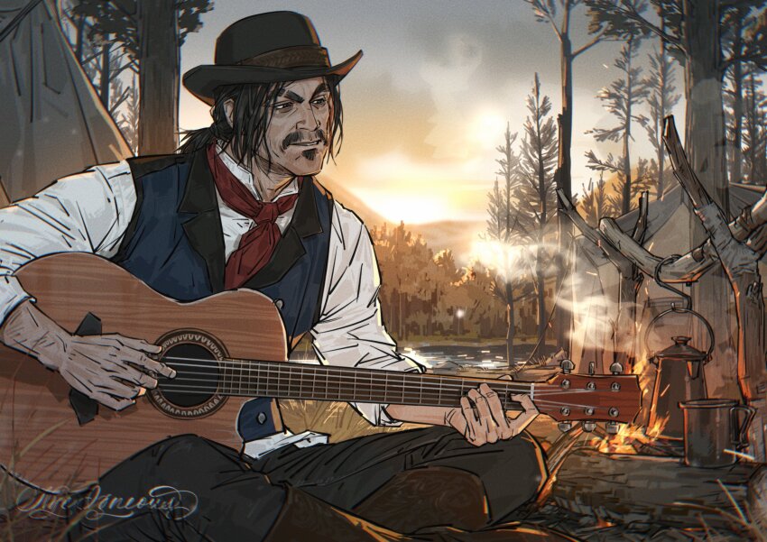 1boy absurdres acoustic_guitar black_hair black_hat black_pants black_vest boots brown_boots campfire camping facial_hair goatee guitar hat highres instrument javier_escuela kettle lake log male_focus mature_male music mustache neckerchief nyeigneous outdoors pants parted_lips playing_guitar playing_instrument red_dead_redemption_(series) red_dead_redemption_2 red_neckerchief sitting solo tent thick_eyebrows tree vest