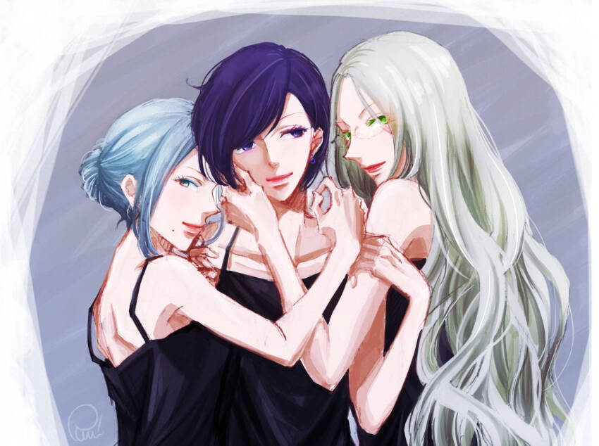 3girls bare_arms bare_shoulders black_camisole blue_eyes blue_hair camisole closed_mouth collarbone commentary_request earrings green_eyes grey_hair hair_bun hand_on_another&#039;s_arm hand_on_another&#039;s_cheek hand_on_another&#039;s_face hatanaka_yuhi_(hazuki_ruri) hazuki_ruri highres jewelry long_hair looking_at_another looking_at_viewer matching_outfits mole multiple_girls original parted_bangs pixie_cut polyamory purple_eyes purple_hair short_hair signature single_hair_bun smile upper_body wavy_hair yoshino_kikyo_(hazuki_ruri) yuri yusa_yoko_(hazuki_ruri)