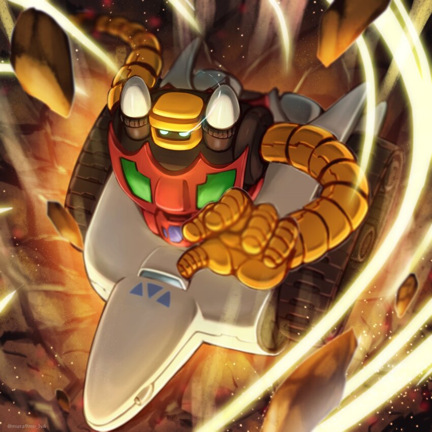 armor blue_eyes caterpillar_tracks debris eye_trail from_above getter-3 getter_robo getter_robo_(classic) glowing glowing_eyes hand_up highres light_trail mecha mecha_focus multicolored_armor mura9mo no_humans reaching reaching_towards_viewer red_armor robot rock solo super_robot white_armor yellow_armor