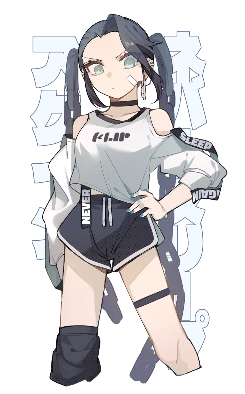 1girl asymmetrical_bangs bandage_on_face bandages bare_shoulders black_choker black_hair black_shorts blue_nails breasts chain chain_earrings choker closed_mouth clothes_writing clothing_cutout collarbone commentary covered_groin cropped_legs curtained_hair dolphin_shorts drawstring ear_piercing earrings english_commentary eyes_visible_through_hair fingernails glaring green_eyes hand_on_own_hip highres jewelry kamatpit long_sleeves looking_at_viewer medium_breasts medium_hair midriff_peek nail_polish original piercing shirt short_shorts shorts shoulder_cutout single_earring single_sidelock sleeves_pushed_up solo standing strap thigh_strap translation_request twintails v-shaped_eyebrows white_background white_shirt